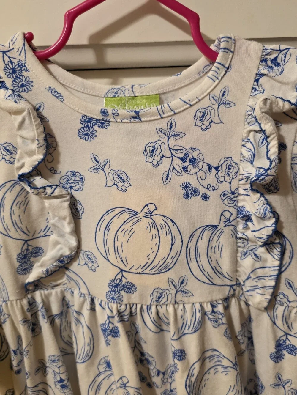 Classic Whimsey Toddler Girls' Cream Dress with Blue Pumpkin Print -